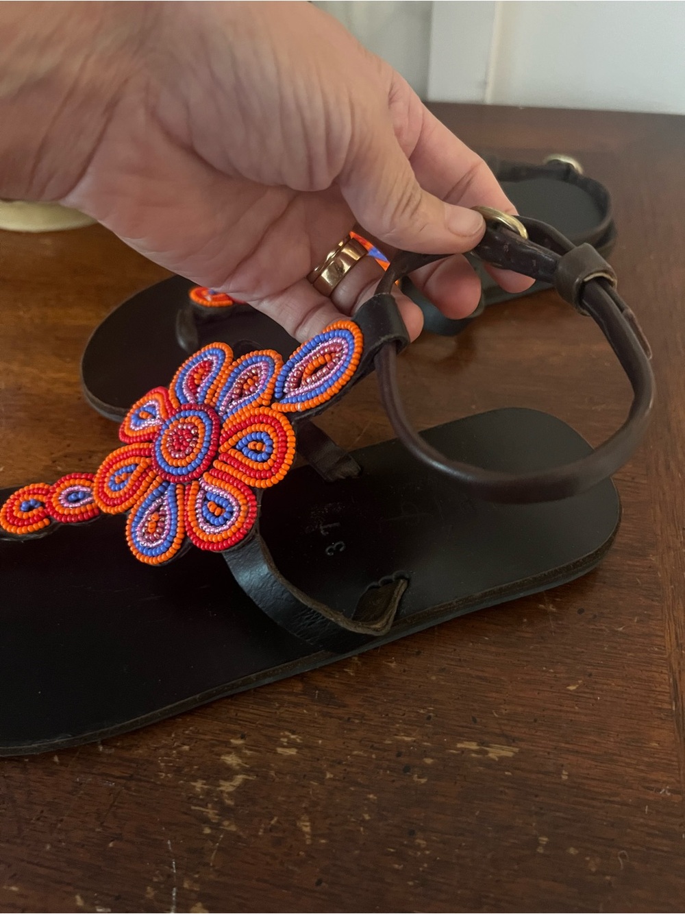 NWT Hand made T-Strap Sandals - brown Orange & Purple Beading size 37 (US 7) - Picture 2 of 8